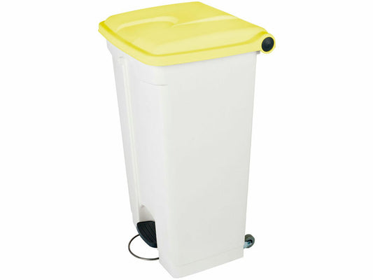 CONTENEDOR A PEDAL JVD 90 L TAPA AMARILLA CON RUEDAS